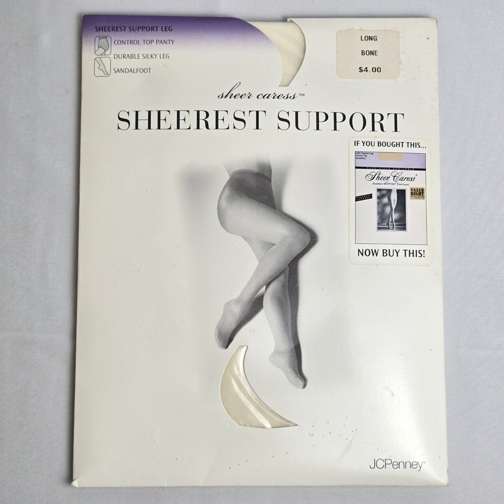 JCPenney Sheer Caress Sheerest Support Pantyhose, Bone, Long, Vintage New